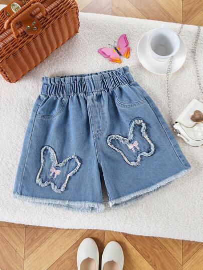 1pc Girls' Outdoor Casual Fashion Cute Simple Sweet Bow Patch Embroidery Distressed Hem Classic Blue Denim Shorts