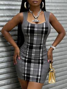 Women's Gray Plaid Sleeveless Bodycon Dress, Y2K Retro Elegant Casual Dress, Suitable For Summer Outings, Commuting, Versatile Daily Wear - Multicolor - View 5