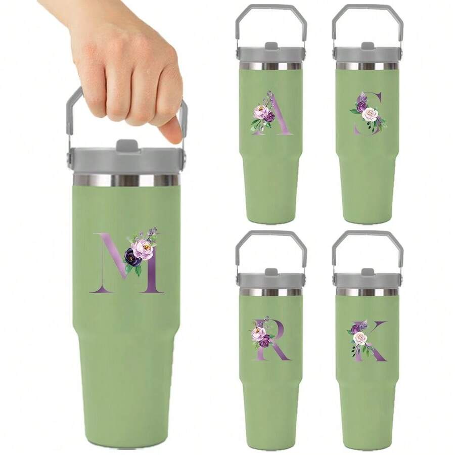 30oz Water Bottles Stainless Steel Insulated Tumbler With Carry Handle Double Walled Leak Proof Fits Most Cup Holder Water Cup With Lid And Straw For Gym Home Office Travel A-Z Purple Pattern - Green - View 1