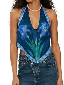 Tops de verano para mujer, estilo casual, con estampado floral, espalda descubierta, cuello en V, sin mangas - Azul - Ver 6