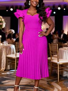 AOMEI Women's Elegant Purple-Red Pleated A-Line Dress, Heart-Shaped Neckline, Layered Ruffle Sleeves, Mid-Length, Suitable For Wedding Guests, Parties, Formal Events - Hot Pink - View 5