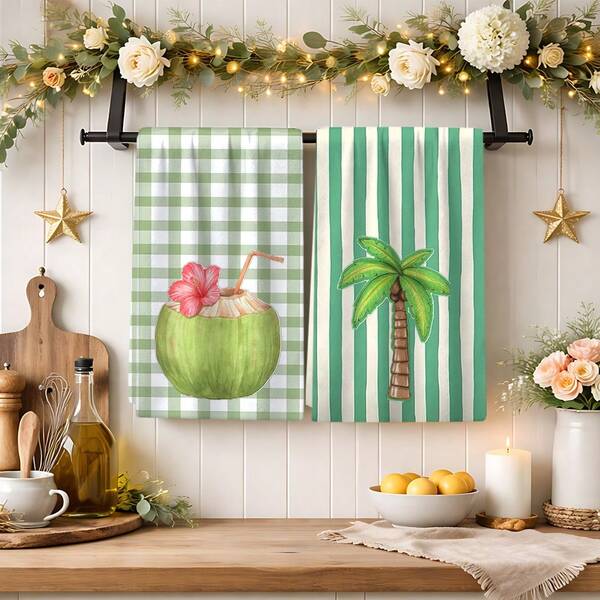 2/4 Pcs Coconut Pattern Printed Dish Towels, Super Absorbent Microfiber Modern Towels, Cooking And Baking Tea Towels, Dishcloths, Cleaning Rags, Hand Towels, Highly Soft And Absorbent, Kitchen Decor, Gifts For Neighbors, Mothers, Birthdays, Housewarming For Friends, Kitchen Essentials, Daily Necessities