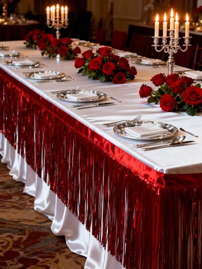 1Pc 75x275cm Red Tassel Table Skirt,Rain Curtain Tassel Table Skirt,Decorative Waterfall Style Streamers,Wedding Party Tablecloth Decoration,Streamers For Party Decorations,Birthday Party Decoration,Babyshower Party Supplies,Bride Shower Party Tablecloth Facor,Room Background Decoration,Metal Foil Decor