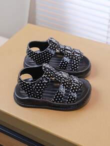Kids Rhinestone Open Toe Sandals, Girls Magic Tape Closure Easy On/Off, Non-Slip Soft Sole, Kindergarten Outdoor Casual Sandals - Black - View 5