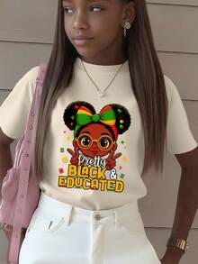 Girls & Teenagers Students Casual Printed Black Crew Neck Short Sleeve T-Shirt Top, Summer - Apricot - View 1