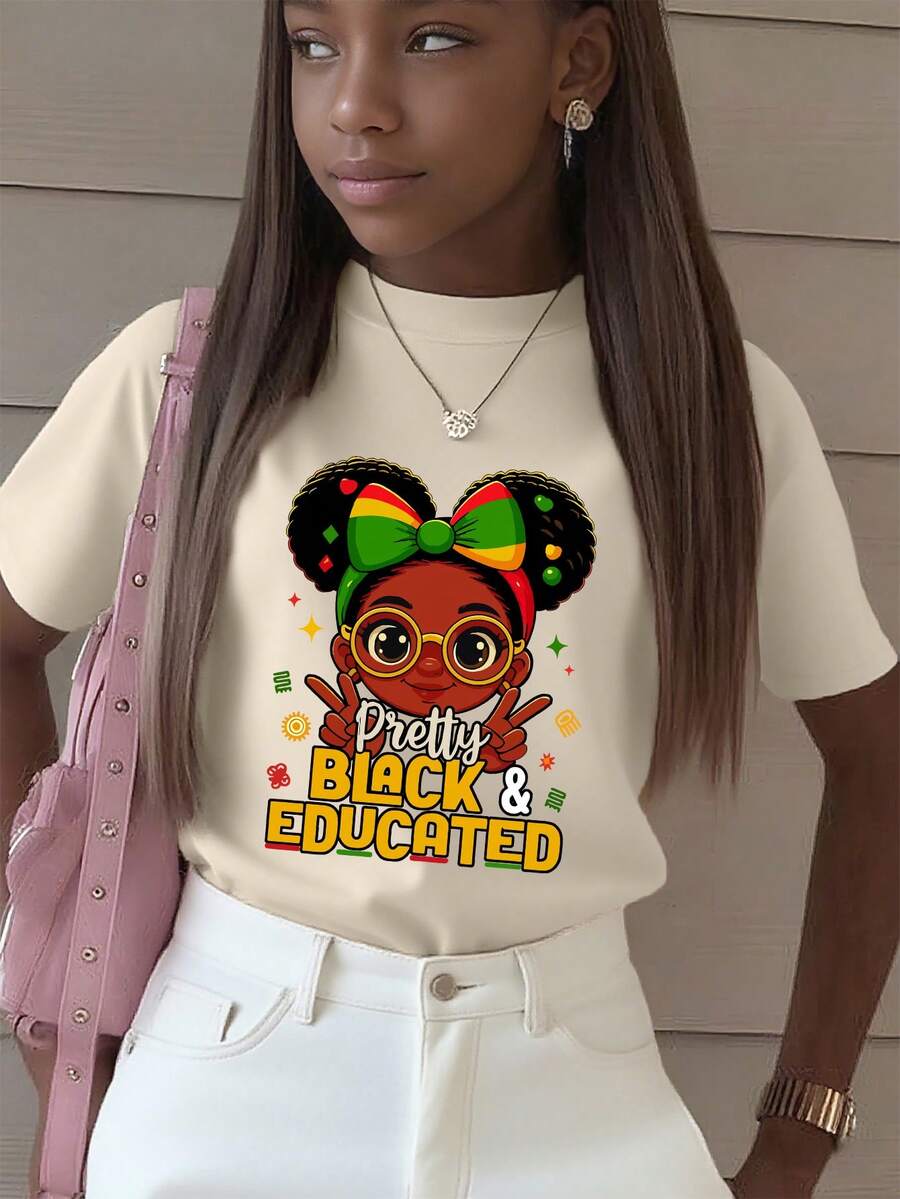 Girls & Teenagers Students Casual Printed Black Crew Neck Short Sleeve T-Shirt Top, Summer - Apricot - View 1