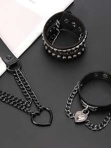 黑色心形项链铆钉手链哥特风尖刺耳环哥特朋克颓废Emo皮革首饰套装男女款 - 黑色 - 查看 3