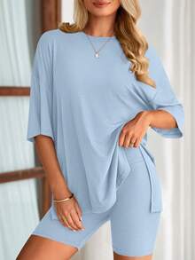 PRETTYGARDEN Women's Summer Clothes 2 Piece Sets Lounge Set Casual Oversized Shirts Biker Shorts Matching Airport Travel Sweatsuit Set Women Vacation Outfit Light Blue Summer Brunch Outfits For Women - 淺藍色 - 查看 4
