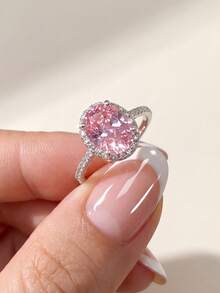 Stylever 1枚925纯银8*10毫米微镶闪亮戒指，女士时尚结婚周年纪念礼物，精致珠宝，日常装饰 - 粉紅色石 - 查看 3