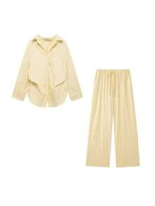 DEEKA 女士夏季宽松粘胶衬衫和条纹睡裤套装，春夏款 - 黃條紋 - 查看 2