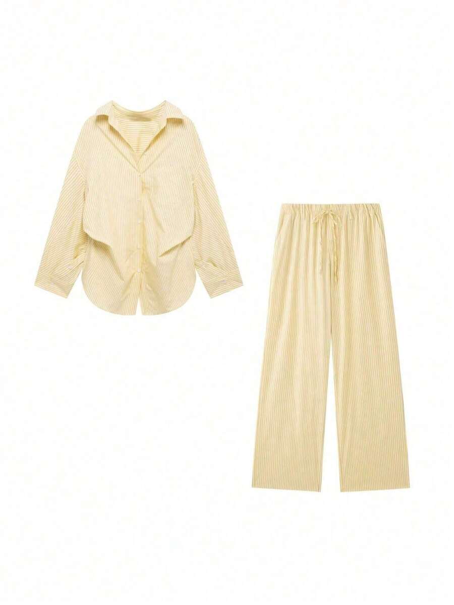 DEEKA 女士夏季宽松粘胶衬衫和条纹睡裤套装，春夏款