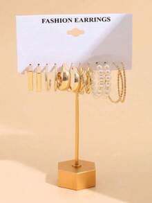 6对简约优雅C形仿珍珠金属耳环，时尚金色首饰 - 彩色 - 查看 3