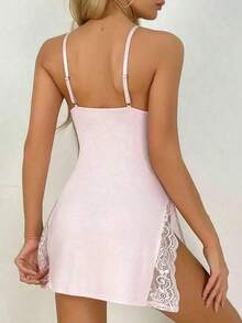 Burgundy Lace Trim V-Neck Nightdress Sleeveless Slit Sleepwear For Romantic Evening - 粉色 - 查看 4