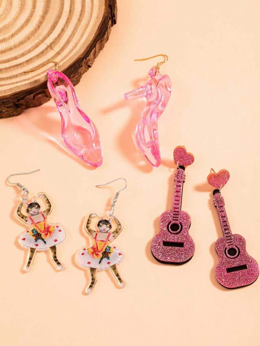 1 Pasang Anting Akrilik Kreatif Berbentuk Gitar, Anting Musik yang Unik untuk Penggemar Hip-Hop - MultiWarna - View 1