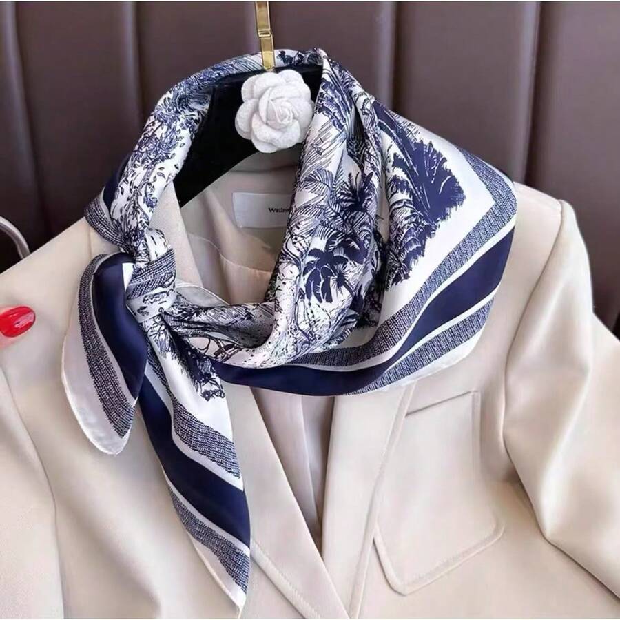 1pc Women's Scarf, Imitation Mulberry Silk, Imitation Silk Scarf, Fashion Accessory Scarf, Versatile 70cm Square Scarf, Hangzhou Silk - Blue - View 1
