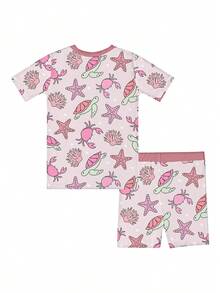 Bamboo Fiber - Summer Pink Sea Turtles Starfish Corals Underwater World Print, Comfortable And Fitted, Highly Elastic, Machine Washable, Suitable For Outdoor Summer Infant Boy Girl Use. - 淺粉色 - 查看 2