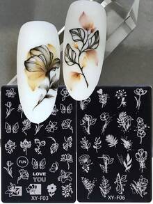 2片装花叶美甲印花板，适合春夏，花朵蝴蝶叶子图案美甲模板，优雅美甲贴纸，美甲装饰设计 - 銀色 - 查看 3