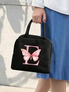 Pink Butterfly & Letter Pattern Insulated Lunch Bag, Thermal Lunch Box, Suitable For Students, Office, Camping, Picnic, School, University, Lightweight Portable Canvas Lunch Storage Bag - Multicolor - View 3