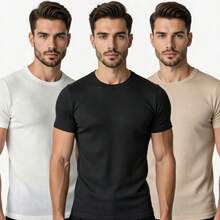 Kit Of 3 Men's Ribbed T-Shirts, American Slim Fit, 100% Cotton - White, Black and Beige - View 2