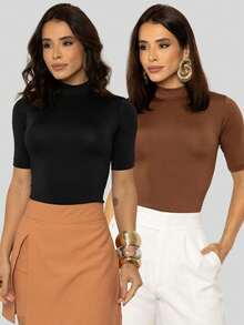 Kit 2 Women's Blouses High Neck T-Shirt Short Sleeve Plain Suplex Cacharrel - 黑色和棕色 - 查看 1