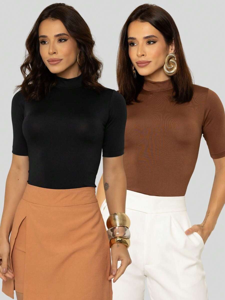 Kit 2 Women's Blouses High Neck T-Shirt Short Sleeve Plain Suplex Cacharrel - 黑色和棕色 - 查看 1