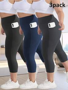 3pcs/Set Plus Size Women High Waist Yoga Pants With Pockets, Soft & Stretchy Casual Comfortable Capri Pants, Slimming & Lifting Effect, Suitable For Daily Fitness & Sports - Multicolor - View 5
