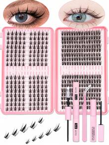416pcs Eyelash Extension Kit, DIY Eyelash Extension Set, Individual Lash Cluster,Includes False Lashes, Bond&Seal, Remover, Tweezers, DIY Eyelash Extension Set, Lightweight Natural Curly Eyelashes, Thin And Lightweight, Suitable For Daily Use, Travel, Beginners, Weddings, Dates, Parties, Holidays - Black - View 1