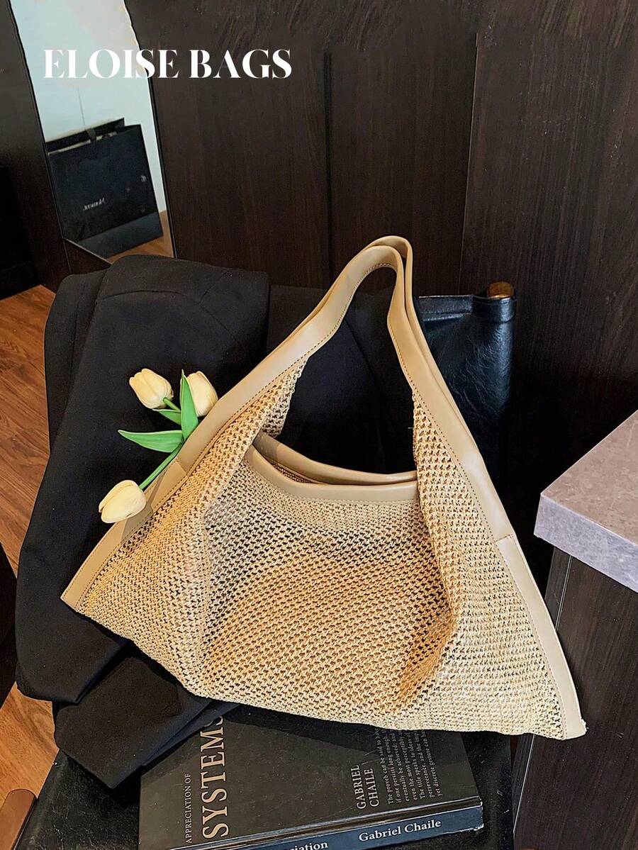 Fashion Casual Straw Tote Bag, New Versatile Simple Large Capacity Shoulder Bag - Khaki - View 1