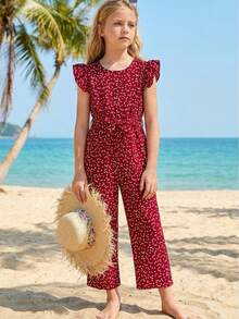 Tween Girls Valentine's Day Fashion Heart Print Frill Trim Sleeveless Jumpsuit + Belt - Burgundy - View 1