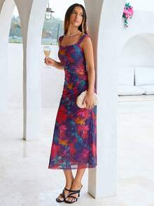 Women's Summer Floral Mesh Ruched Sleeveless Fitted Formal Wedding Guest Party Maxi Dress - 紫底紅花 - 查看 6