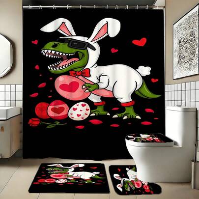 1/3/4件套恐龙和兔子心形蛋形浴室套装（4件套）家居装饰，浴室帘，浴室套装，包含浴帘和浴帘套装。这款装饰性浴室套装包含浴帘、U型马桶座套、防滑垫、马桶座套和12个浴帘挂钩。适合作为乔迁礼物、生日礼物、节日礼物或情侣间的礼物。