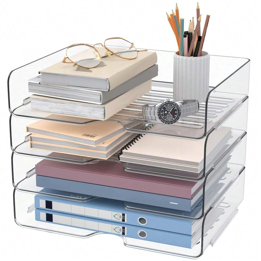4 Pack A4 Acrylic Letter Tray – Stackable Document Organiser, Transparent Premium Clear Filing Organizer Trays For Magazines, Notes, A4 Size File Paper(Sturdy Design) - View 1