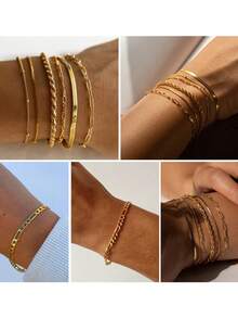 6件/12件套优雅波西米亚风叠层心形仿珍珠串珠手链套装，百搭日常佩戴、通勤、约会、时尚配饰、女士派对礼物、音乐节首选 - 金黃色 - 查看 3