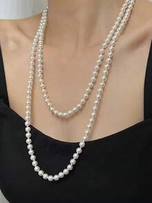石佳珍珠多层长项链，优雅毛衣链，百搭高端秋冬项链 - 白色 - 查看 4