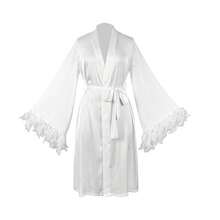 1pc Black White Satin Feather Trim Robe Long V-Neck Tie Waist Kimono Sleeve Luxury Sexy Lounge Dress Bridal Getting Ready Party Vacation Outfit Glam - Multicolor - View 13