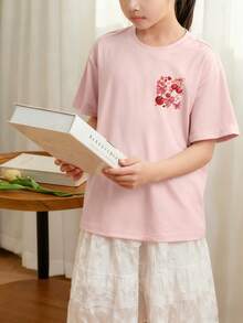 Tween Girls Students Casual Printed Round Neck Short Sleeve T-Shirt, Summer Top - Pink - View 9