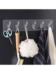 1pc No Drill 6-Hook Rail Adhesive Wall Hanger, Damage-Free Coat Rack - Clear - View 3