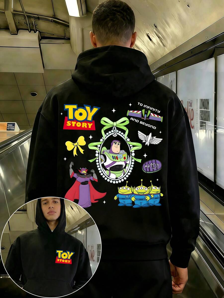 Men's Crewneck Sweatshirt And Sweatpants Set, Featuring A Disney Toy Story Buzz Lightyear Design And The Word "Toy Story". This Comfortable Two-Piece Men's Hoodie And Sweatpants Set Makes A Perfect Gift For Men. - 黑色 - 查看 1