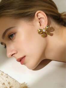 2 件装 - 女士蝴蝶结形珍珠耳环，14K 镀金。优雅精致的女士珍珠耳环，婚礼首饰 - 防过敏不规则几何造型金色耳环，时尚首饰。适合日常佩戴/婚礼/派对/宴会等场合。 - 金色 - 查看 6