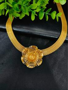 1pc Necklace, 1 Pair Earrings, 1pc Bracelet, 1pc Ring, Fashion Gold Flower Jewelry Set, Dubai Bride Jewelry Set, Wedding Party Jewelry Set, 4pcs Jewelry Set - Yellow Gold - View 4