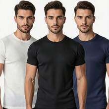 Kit Of 3 Men's Ribbed T-Shirts, American Slim Fit, 100% Cotton - White, Black and Navy Blue - View 1