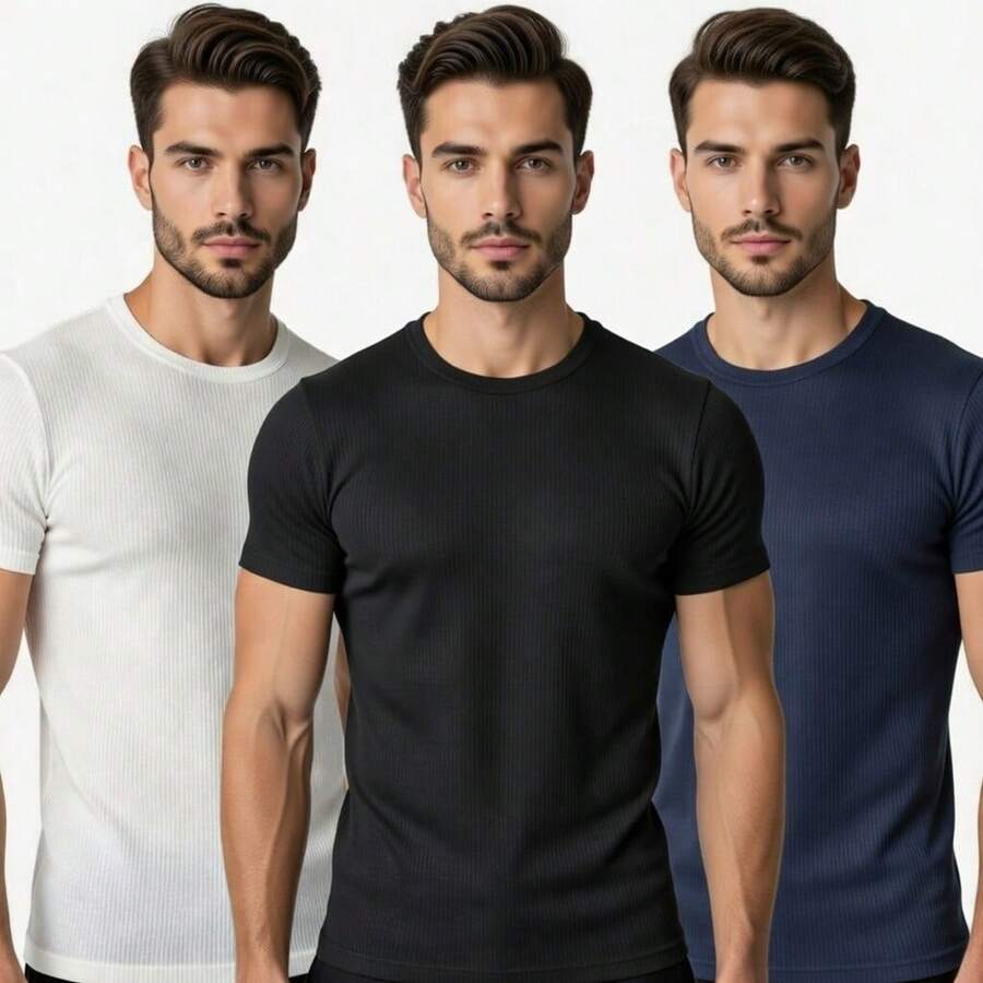 Kit Of 3 Men's Ribbed T-Shirts, American Slim Fit, 100% Cotton - White, Black and Navy Blue - View 1