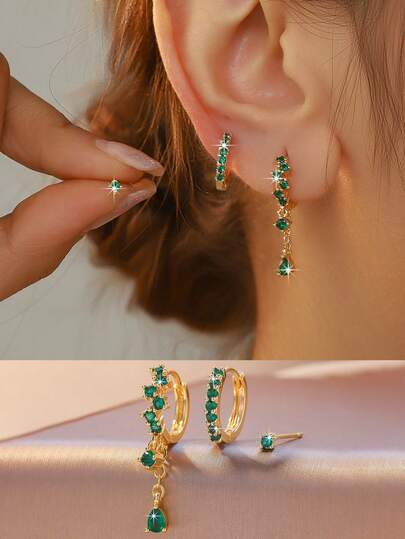  3pcs Set Emerald Green Teardrop Flower Layered Earrings, 18K Gold Plated Hypoallergenic Pendant Earrings, Gold Romantic Hollow Stud Earrings, Suitable For Women's Daily Wear