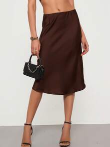 女士高腰缎面中长裙，优雅休闲，四季皆宜 - 棕色 - 查看 5