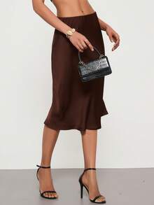 女士高腰缎面中长裙，优雅休闲，四季皆宜 - 棕色 - 查看 6