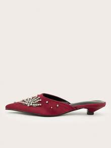 Pointed Toe Rhinestone Slip-On Cone Heel Mid-Heel Backless Mule Sandals - Burgundy - View 2