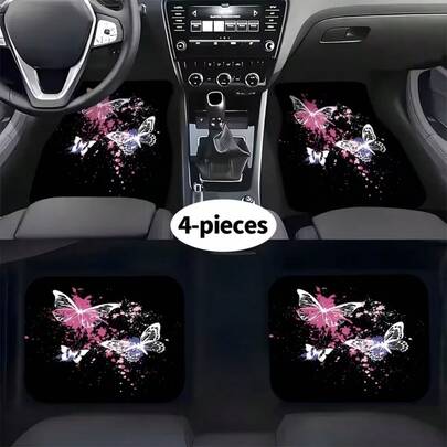 4pcs Butterfly & Splash Ink Print Car Floor Mats Set, Car Interior Accessories Carpet, Easy To Clean, Suitable For Cars, Trucks, SUVs, Fashionable Interior Decor To Enhance Driving Pleasure And Comfort