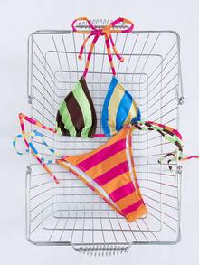 Women's Sexy Minimalist Chic Two Pieces Swimsuit Set, Striped Print Halter Tie Bikini For Beach, Vacation, Date, Spring/Summer New Arrival - Multicolor - View 3