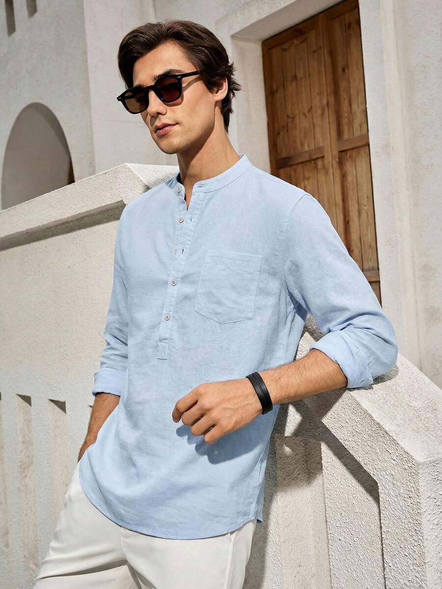 Mercer Haus 男士休闲简约透气长袖衬衫 - 淺藍色 - 查看 1