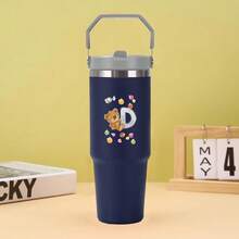 30盎司不锈钢保温水杯，带提手，双层壁防漏，适用于大多数杯架，带盖和吸管，适合健身房、家庭、办公室和旅行，A-Z字母熊图案 - 藏蓝色 - 查看 14